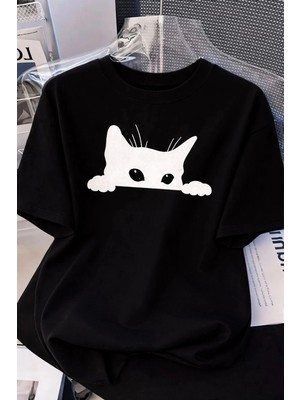 Zenvia Kadınlar Için Siyah Kedi Grafik Tişört - Oversize Kısa Kollu Üst Nefes Alabilir - Siyah