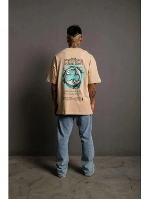 Zenvia Erkek Kısa Kol Yazlık Tişört Bisiklet Yaka Baskılı Oversize T-Shirt - Bej