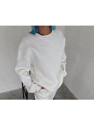 Zenvia Kadın Bisiklet Yaka 3 Iplik Pamuklu Basic Sweatshirt - Beyaz