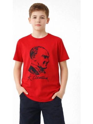 Zenvia Erkek Çocuk Atatürk Baskılı Tişört Kısa Kollu Bisiklet Yaka T-Shirt - Kırmızı