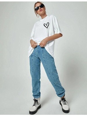 Zenvia Kadın Tişort Kalp Baskılı Bisiklet Yaka Kısa Kol T-Shirt - Beyaz