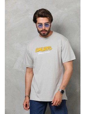 Zenvia Erkek Kısa Kol Yazlık Tişört Bisiklet Yaka Baskılı Oversize T-Shirt - Gri