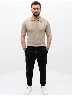 Zenvia Erkek Yazlık Triko Saç Örgü Tişört Kısa Kol Polo Yaka Fermuarlı T-Shirt - Bej