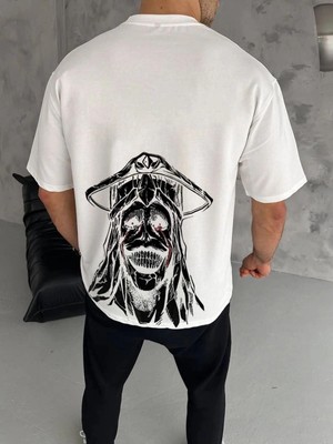 Zenvia Erkek Kısa Kol Tişört Bisiklet Yaka Yıldırım Baskılı Oversize T-Shirt - Beyaz