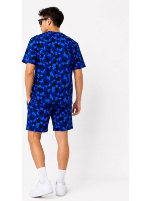 Zenvia Erkek Oversize Kalıp Pubg Bape x Shark Nakışlı Cepli Şort Takım - Mavi