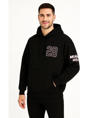 Zenvia Erkek Kapüşonlu Kanguru Cepli Sweatshirt 3 Iplik Pamuklu Baskılı Hoodie - Siyah