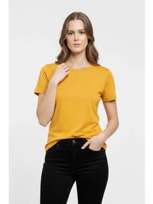 Zenvia Kadın T-Shirt Bisiklet Yaka Slim Fit Likralı Tişört Yazlık Basic Body - Sarı