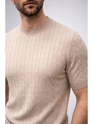 Zenvia Erkek Yazlık Triko Dokuma Tişört Kısa Kol Bisiklet Yaka Örgü Desenli T-Shirt - Bej