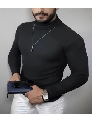 Zenvia Erkek Kaşkorse Boğazlı Full Likralı Fitilli Body Kazak - Siyah