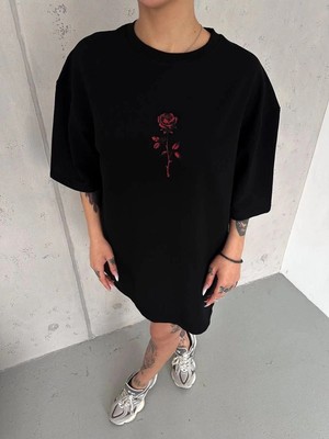Zenvia Kadın Bisiklet Yaka Baskılı Oversize  Kısa Kol T-Shirt - Siyah