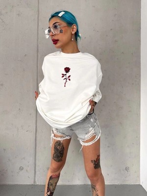 Zenvia Kadın Bisiklet Yaka Baskılı Oversize Kısa Kol  T-Shirt - Beyaz