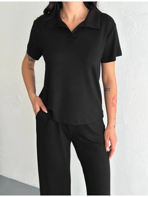 Zenvia Kadın Osy Modal Yumuşak Dokulu Kumaş Kısa Kollu Yakalı T-Shirt Pantolon Ikili Takım- Siyah