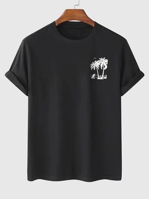 Zenvia Erkek Kısa Kol Yazlık Tişört Bisiklet Yaka Palmiye Baskılı T-Shirt - Siyah