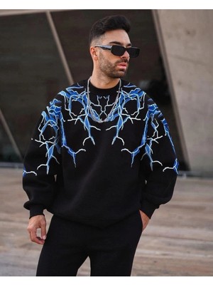 Zenvia Erkek Yıldırım Baslılı Bisiklet Yaka 3 Iplik Pamuklu Sweatshirt - Siyah