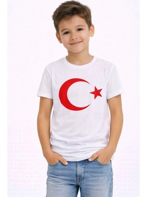 Zenvia Erkek Çocuk Tişört Bisiklet Yaka Ay Yıldız Bayrak Baskılı T-Shirt - Beyaz