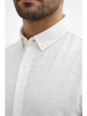 Zenvia Erkek Keten Kumaş Oversize Uzun Kollu Rahat Kalıp Gömlek - Beyaz