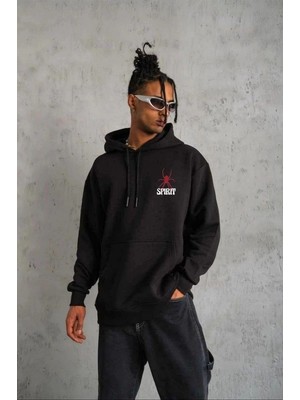 Zenvia Erkek 3 Iplik Pamuklu Kapüşonlu Baskılı Cepli Oversize Sweatshirt Hoodie - Siyah