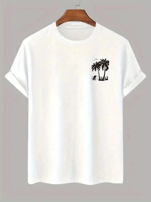 Zenvia Erkek Tişört Palmiye Baskılı Bisiklet Yaka Kısa Kol T-Shirt - Beyaz