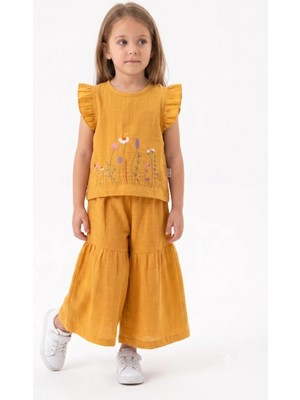 Mini Baray Kız Çocuk Çiçek Nakışlı Fırfır Kollu Pamuk Keten Flamlı 2'li Takım (2-5 Yaş)