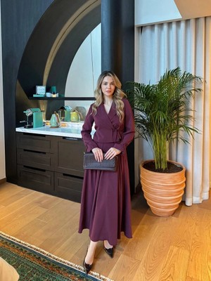 Miraydin Butik Kadın Yaka Detaylı Şık Ceket ve Etek Takım Mürdüm - 41337