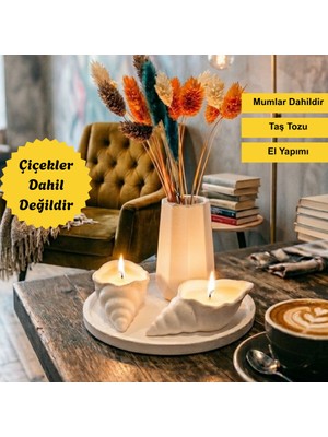 Nigi Store 4 Parça Dekoratif Mumlu Set - Istiridye Mumlu, Vazolu, Yuvarlak Tepsi