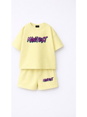 Fasardi Manifest Girls Logo Baskılı Oversize %100 Pamuk Tişört Şort 2li Çocuk Takım