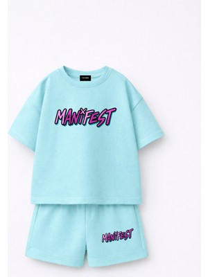Fasardi Manifest Girls Logo Baskılı Oversize %100 Pamuk Tişört Şort 2li Çocuk Takım