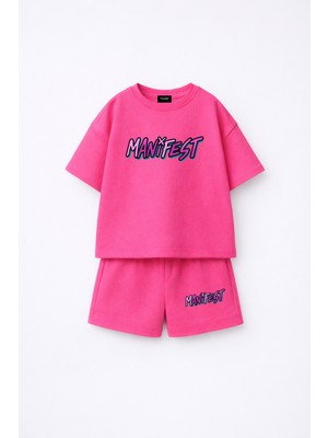 Fasardi Manifest Girls Logo Baskılı Oversize %100 Pamuk Tişört Şort 2li Çocuk Takım