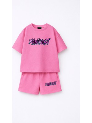 Fasardi Manifest Girls Logo Baskılı Oversize %100 Pamuk Tişört Şort 2li Çocuk Takım