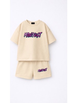 Fasardi Manifest Girls Logo Baskılı Oversize %100 Pamuk Tişört Şort 2li Çocuk Takım