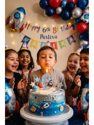 Partixa Roket Figürlü Simli Gümüş Rakam Mum Doğum Günü Pasta Süsü
