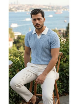 Moda Loris Erkek Desenli Kısa Kollu Triko Tişört - %100 Pamuk Akrilik