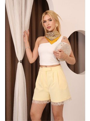 Deq Fashion Kadın Şort Yüksek Bel Pileli Dantel Detaylı Yazlık Şık Rahat Kesim