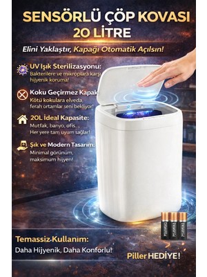 sbodurhome Akıllı Sensörlü Uv Işıklı 20 Litre Çöp Kovası - Mutfak, Banyo, Işyeri ve Ofis Kullanım�