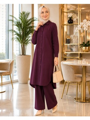 Esra Butik Premium %100 Tensel Kumaş Ikili Tesettür Takım | Ekru-Mürdüm-Mavi