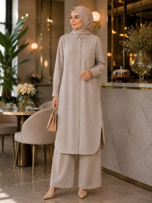 Esra Butik Premium %100 Tensel Kumaş Ikili Tesettür Takım | Ekru-Mürdüm-Mavi