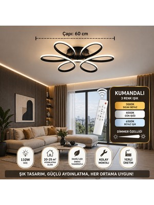 UltraMint Papatya Siyah 3 Renk Plafonyer Ultra Süper Ledli Avize 60 cm