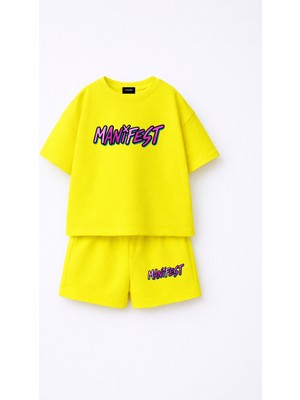 Fasardi Manifest Girls Logo Baskılı Oversize %100 Pamuk Tişört Şort 2li Çocuk Takım