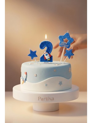 Partixa Mavi Simli Yıldız ve Roket Detaylı Mavi Simli Rakam Mum Seti Doğum Günü Pasta Süsü