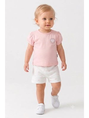 Mini Baray Kız Bebek Tişört ve Kalp Desenli Gabardin Şort Takımı (9-24 Ay)