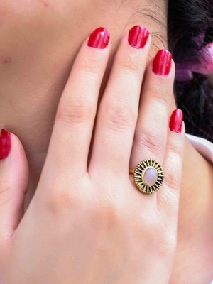 Esha Store Doğal Taş Pembe Kuvars Yuvarlak Doğal Taşlı Antik Model Kadın Ayarlanabillir Yüzük EUY74PK