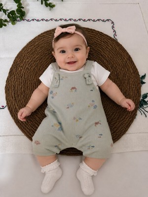 Tuem Baby Kız Bebek Deniz Canlıları Desenli Fitilli Mint Yeşilli Salopet Tulum ve Tişört 2'li Takım