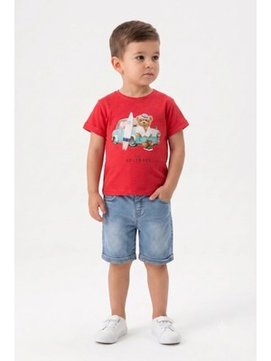 Mini Baray Erkek Çocuk Sörfçü Ayı Baskılı Yazlık Pamuklu Kot Şortlu Takım (2-5 Yaş)