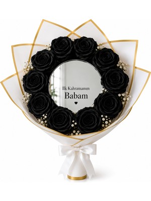 Hayalince Ilk Kahramanım Babam Aynalı Siyah Gül Buketi - Babalar Günü Hediyesi - Kişiye Özel El Yazılı Notlu Hediye