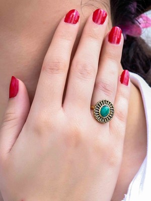Esha Store Doğal Taş Yeşil Akik Doğal Taşlı Antik Model Kadın Ayarlanabillir Yüzük EUY74YA