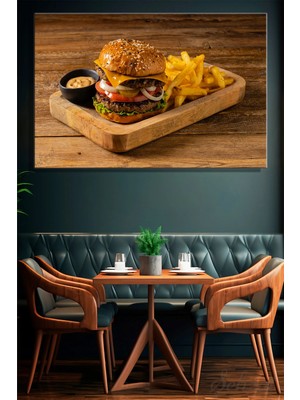 Şehzat Yatay Tekli Kanvas Duvar Tablosu Modern Kafe Restoran Hamburger Patates Kızartması Fast Food