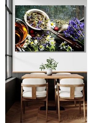 Şehzat Yatay Tekli Kanvas Duvar Tablosu Modern Kafe Restoran Mutfak Yeşil Bitki Çayı Papatya Relaks Uyku