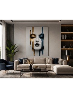 Othello Art Soyut Kadın Yüzü Kanvas Tablo Gold ve Lacivert Modern Sanat Duvar Dekoru