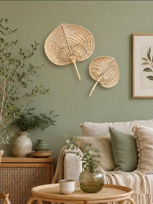Hüco Bazaar 2'li Bambu Dekoratif Yelpaze Duvar Süsü Bej 30CM ve 20CM