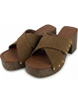 Meril Shoes Bruna Kahverengi Süet Dokulu Çapraz Bantlı Platform Kalın Topuklu Kadın Terlik